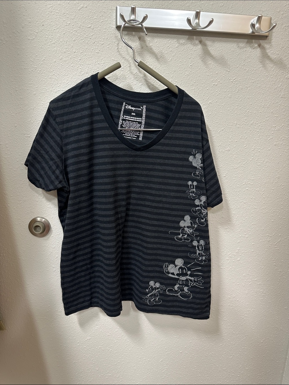 Disney XXL Black and Gray Striped Mickey Mouse V‑Neck Tee